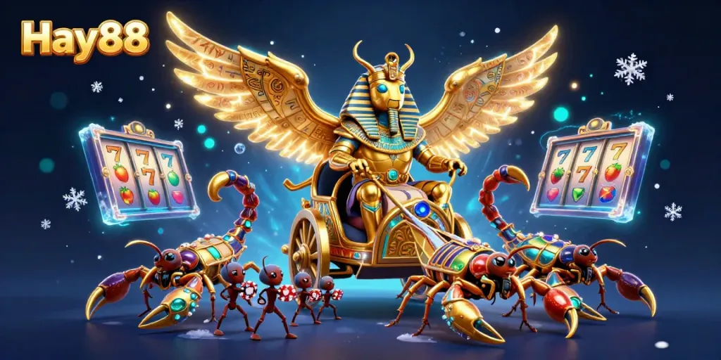 Experience thrilling gaming with Hay88 featuring a colossal golden scarab beetle at the center of a vibrant casino scene.