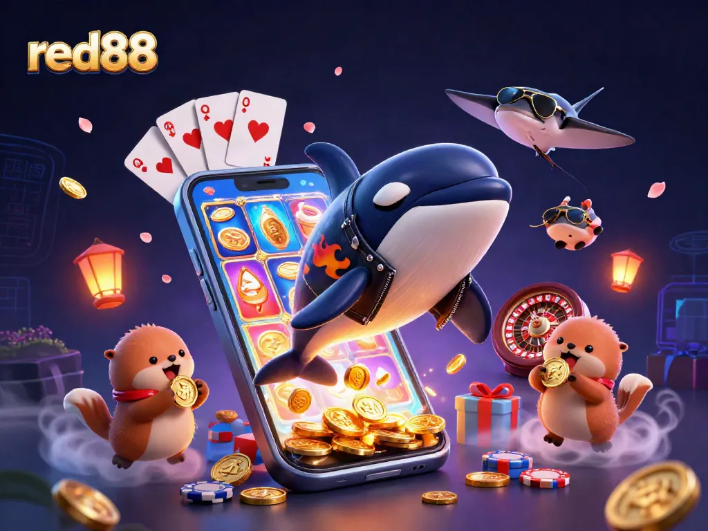 Experience red88 excitement with a vibrant orca, stingray, and otters amidst golden gambling treasures.