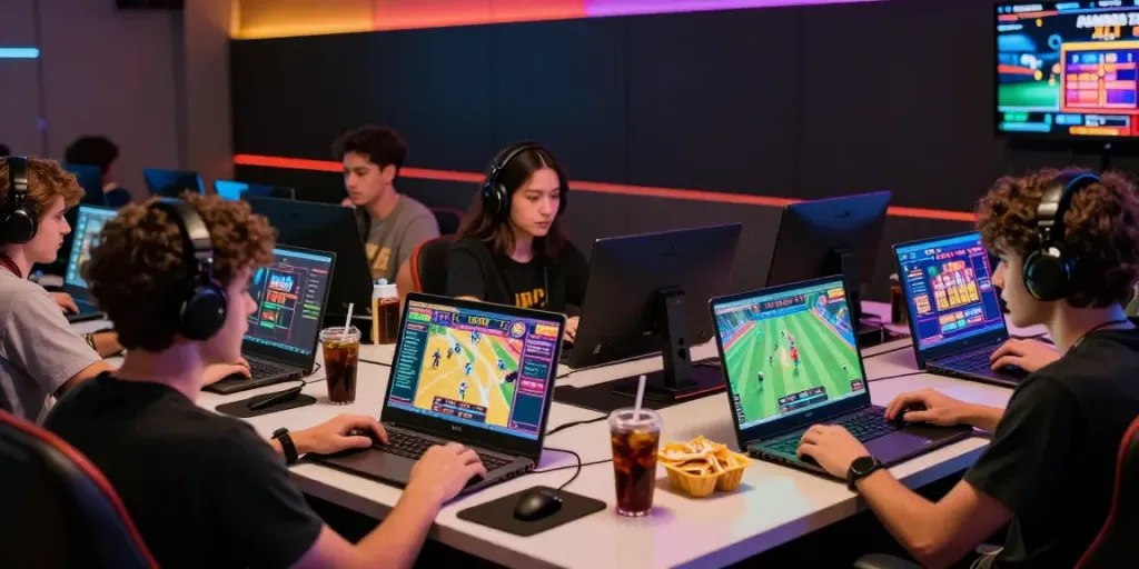 Dynamic gaming scene with players enjoying sv88 online casino and sports betting.