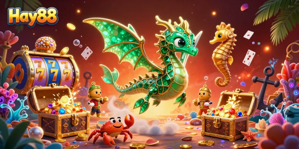 Engage with Hay88's thrilling underwater adventure featuring vibrant slot reels, treasure chests, and a sea dragon.