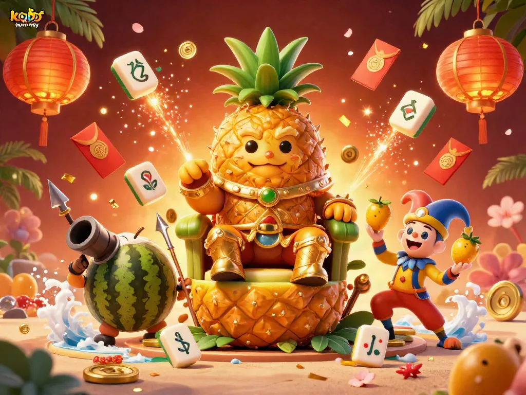 Experience live updates with kqbd hôm nay amid an extravagant casino scene featuring a pineapple king and vibrant decorations.
