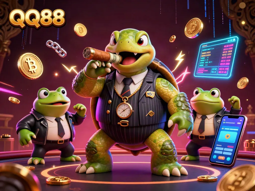Engage with QQ88's vibrant casino scene featuring a snapping turtle in a mobster suit amidst crypto elements.