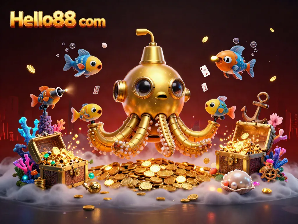 Engage in thrilling gameplay at Hello88 com with a golden kraken submarine amidst a treasure-filled underwater scene.