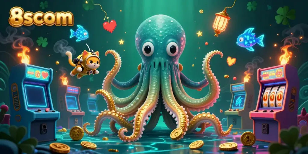 Experience thrilling gameplay at 8scom with a kraken, diving cat, and arcade game elements in a vibrant casino ocean.