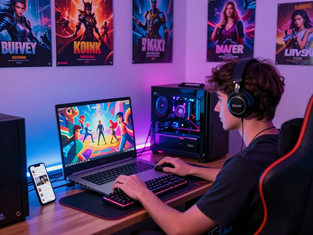 Engaging player experiencing game sex on stylish setup with colorful atmosphere and gaming gear.