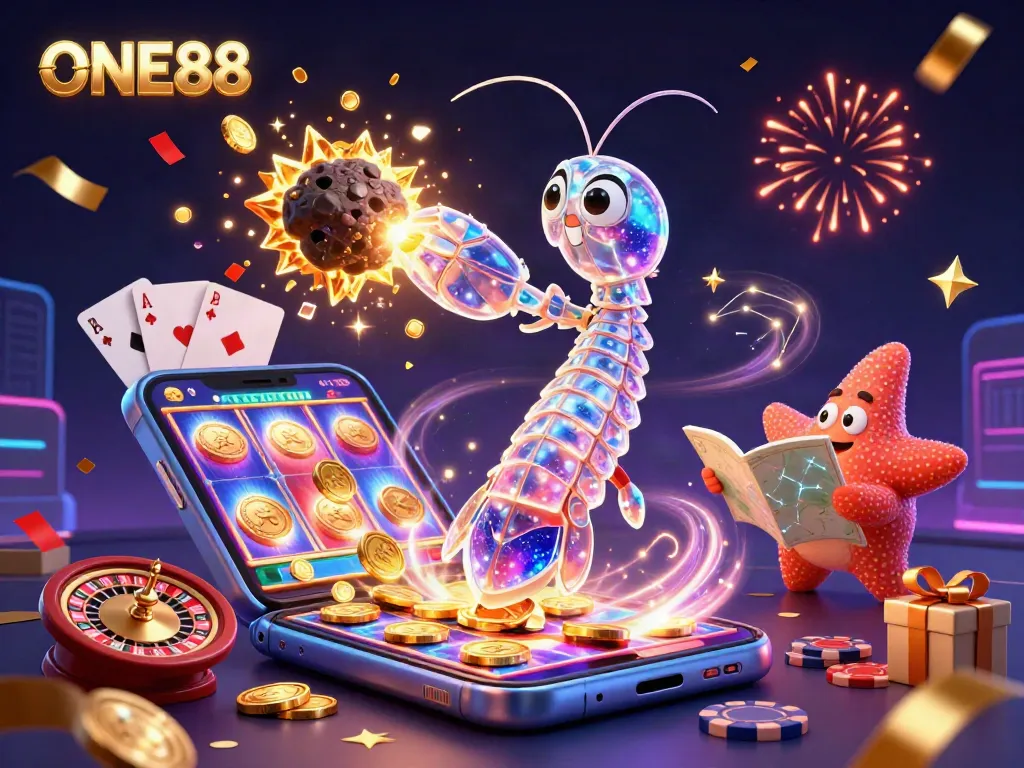 ONE88 showcases a vibrant 3D illustration of a galactic samurai shrimp amidst exploding gems, enhancing the gaming experience.