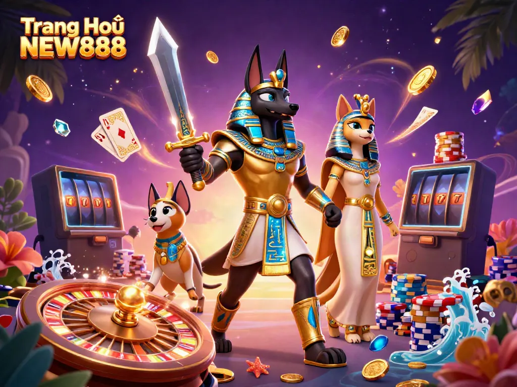 Experience the thrill of gaming at Trang Chủ NEW888 with ancient Egyptian warriors and vibrant casino elements.