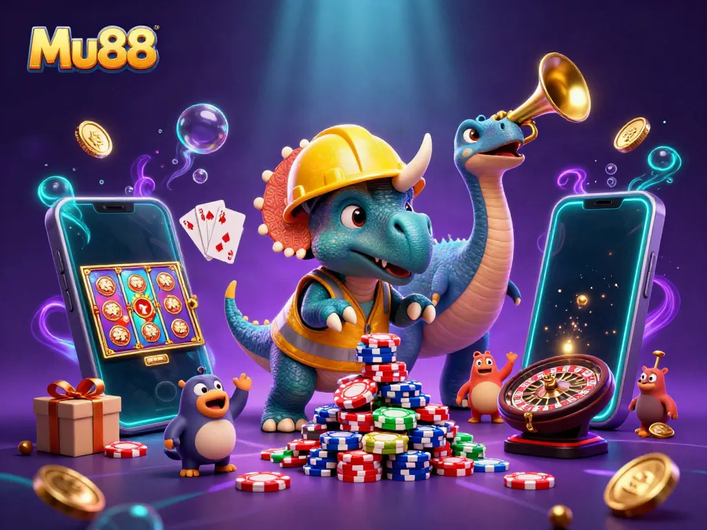 Mu88 features a lively celebration with a triceratops and playful dinosaurs amidst colorful casino games and excitement.