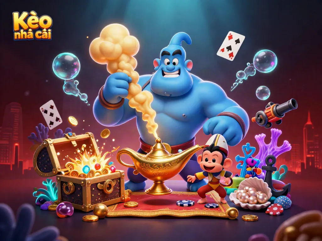 Bet on Kèo nhà cái with a vibrant 3D scene of a magical genie, monkey, and casino elements.