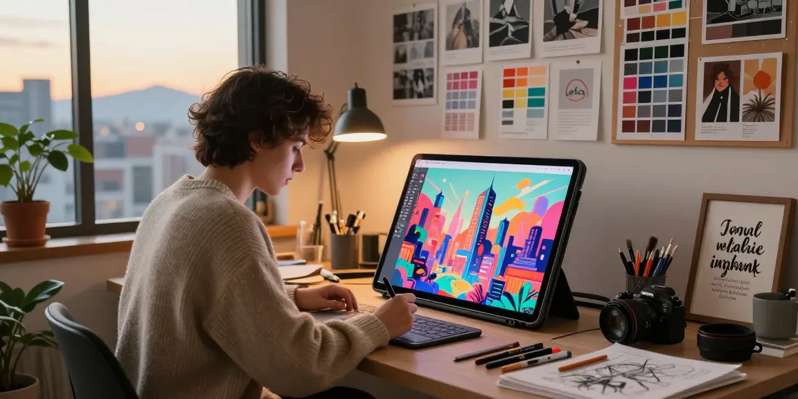 Image to Image illustration process in a vibrant digital art studio during golden hour, showcasing creativity and inspiration.