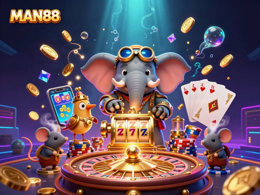 Experience major wins at MAN88 with a steampunk-themed illustration showcasing exciting casino elements.