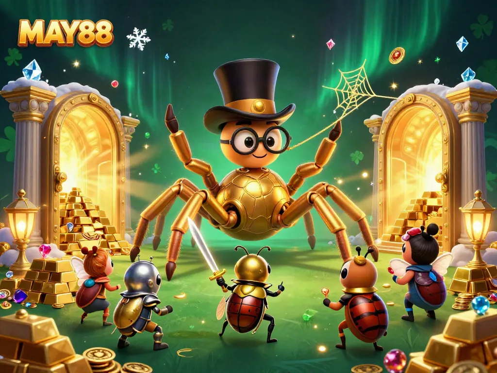 MAY88 illustrates the thrill of gameplay with a giant golden tarantula weaving fortunes amidst treasure in a vibrant scene.