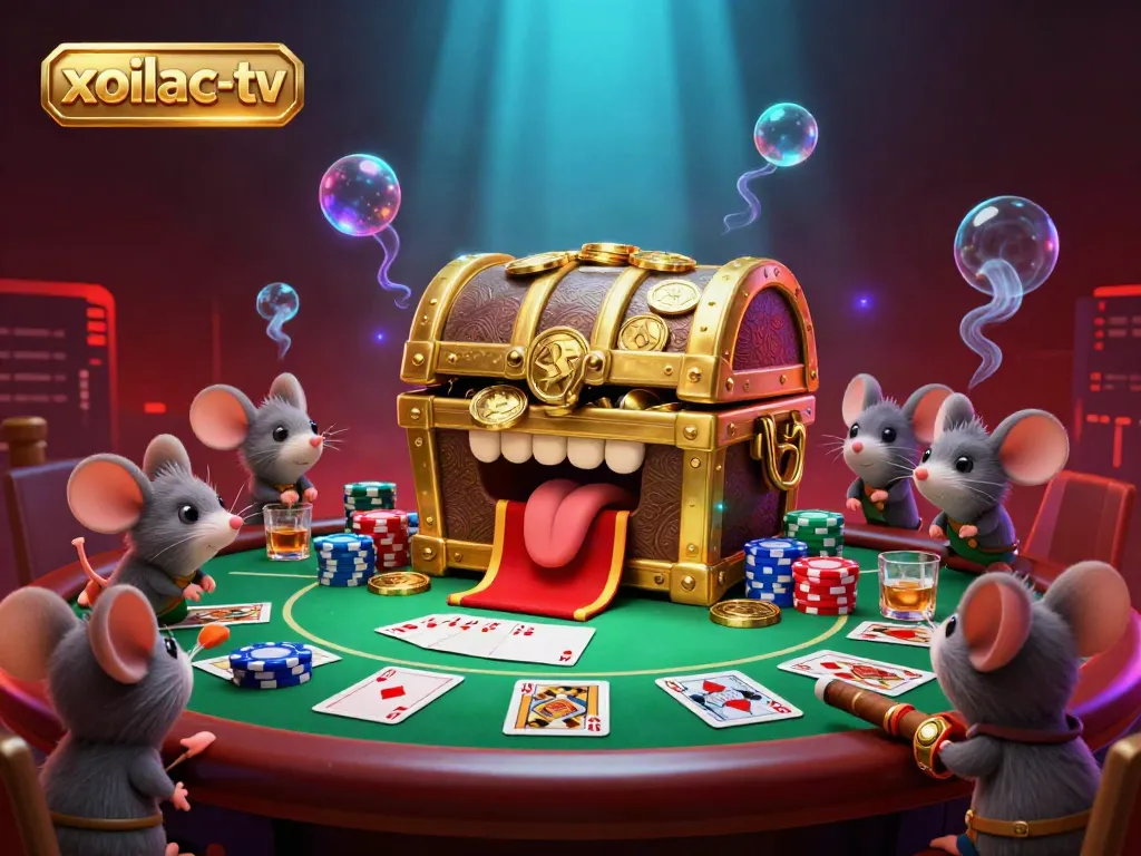 Engage with the exciting world of xoilac-tv, where a golden treasure chest tempts adventurer mice amid vibrant casino elements.