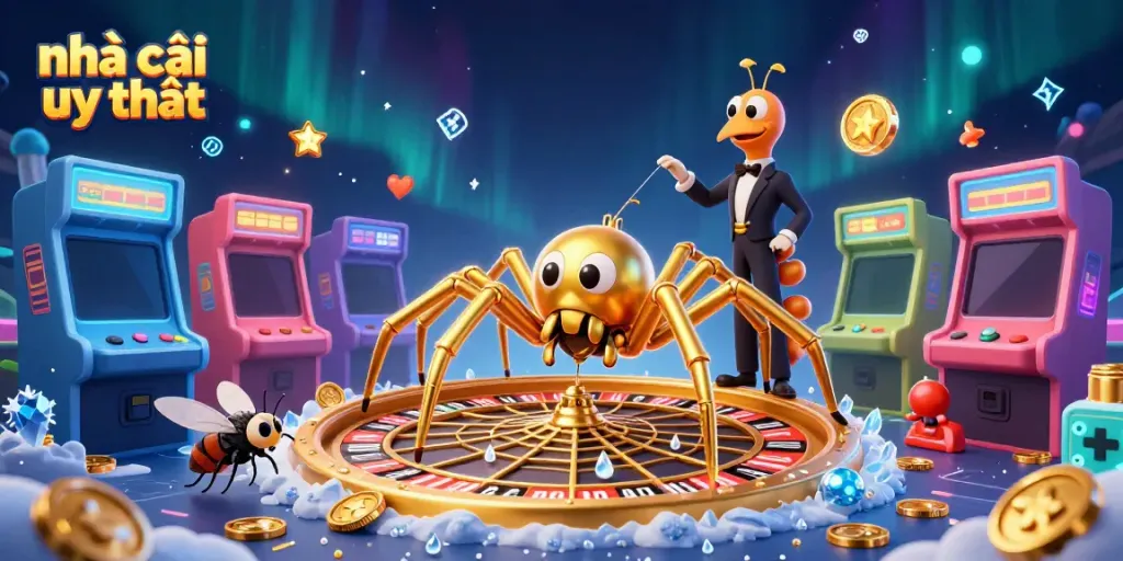 Exciting scene with a golden spider and centipede at a roulette table representing nhà cái uy tín.