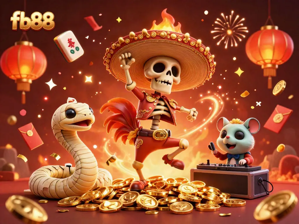 Experience the vibrant excitement of fb88 with a lively scene featuring a dancing rooster, mummy snake, and DJ hamster amidst festive gambling elements.