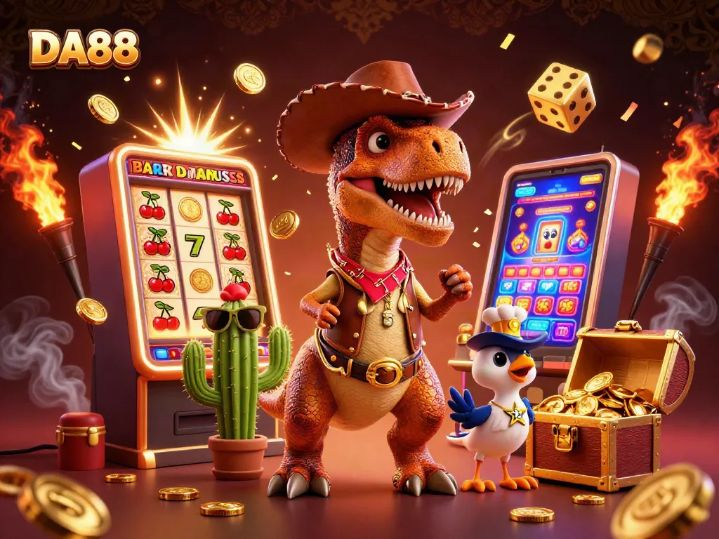 Engaging casino action with DA88 featuring colorful slot machines and dynamic characters.