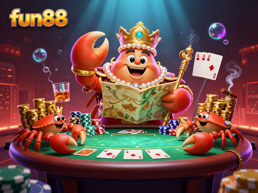 Play exciting games and win at fun88's vibrant online casino illustrated with golden crab emperor and colorful poker elements.