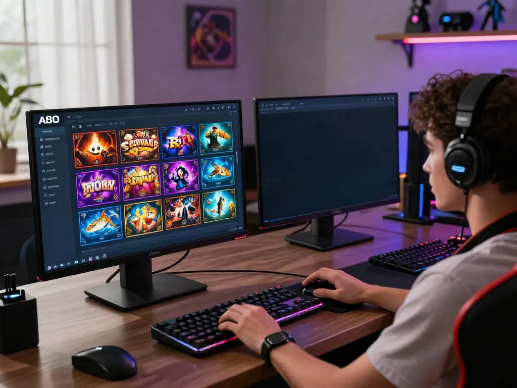 A80 online gaming setup with vibrant interface showcasing diverse gaming genres and a cozy workspace.