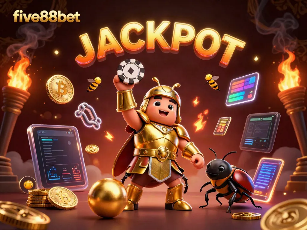 Experience victory with five88bet's engaging gaming scene featuring a cartoon gladiator beetle championing poker.