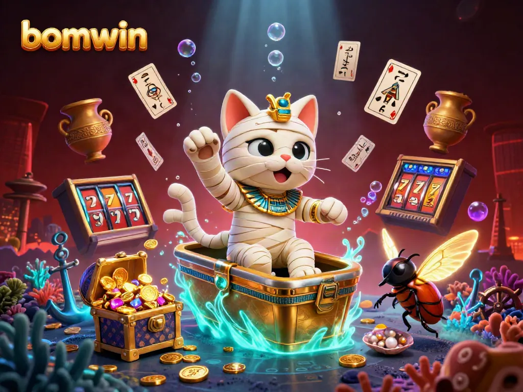 Experience thrilling gameplay at bomwin with an Egyptian mummy cat and casino elements in a vibrant scene.