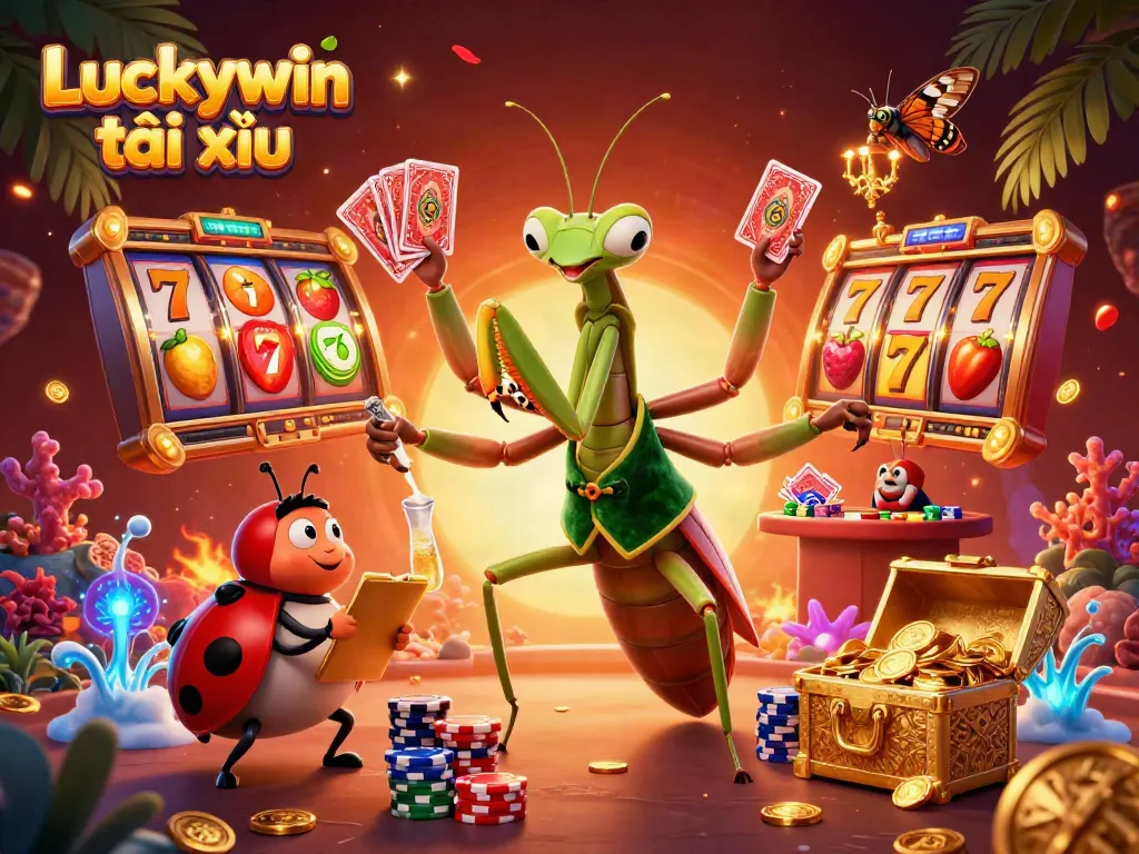 Engaging scene with Luckywin tài xỉu elements, featuring a giant praying mantis card sharp and lively casino characters amidst floating slot reels and golden treasures.