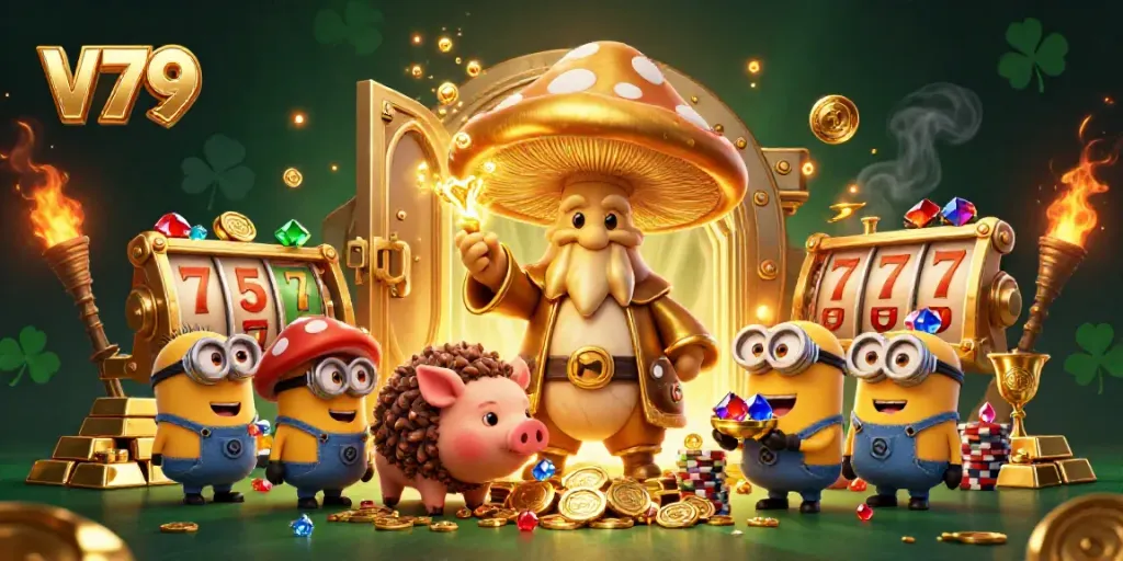 Experience the thrill of v79 with this captivating casino illustration showcasing a gaming wizard, treasure, and dynamic elements.