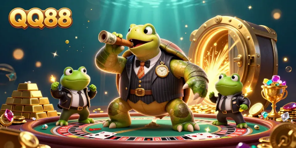 Engage in thrilling gameplay at QQ88 with dynamic casino elements featuring a charismatic turtle and his bullfrog enforcers.