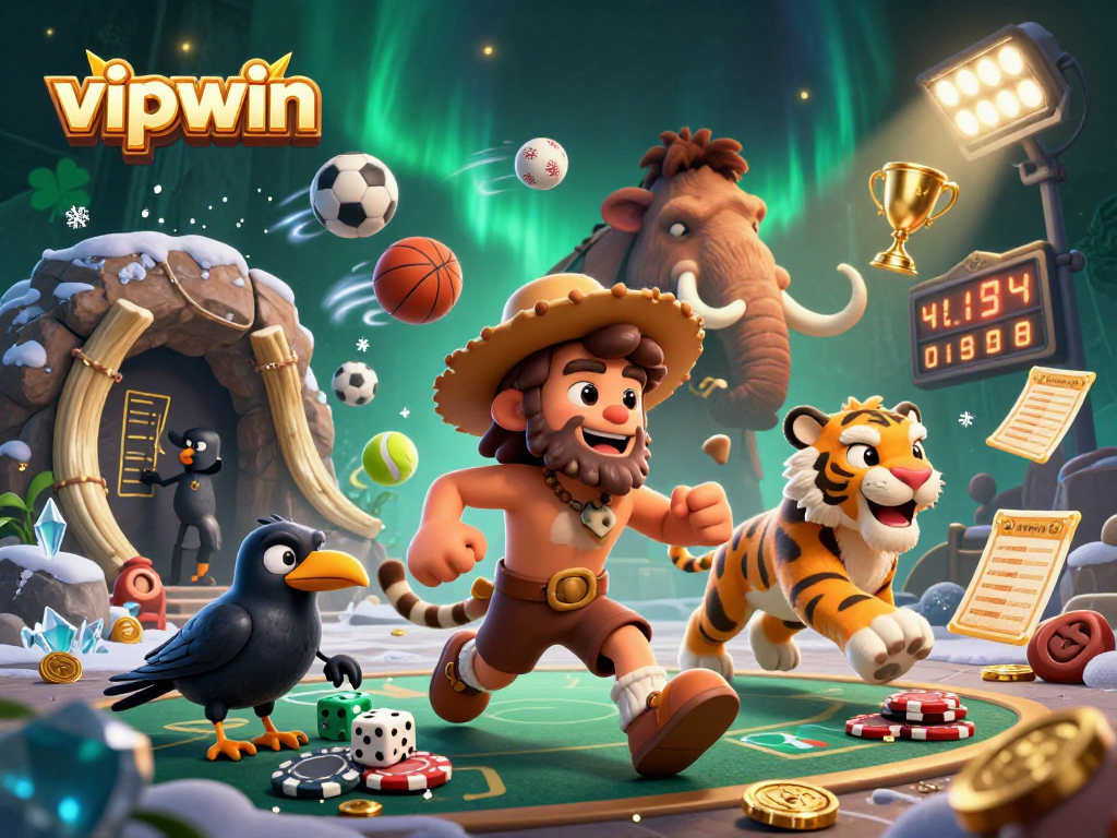 Engage with vipwin in a vibrant prehistoric casino, featuring dynamic sports elements and a clever crow.