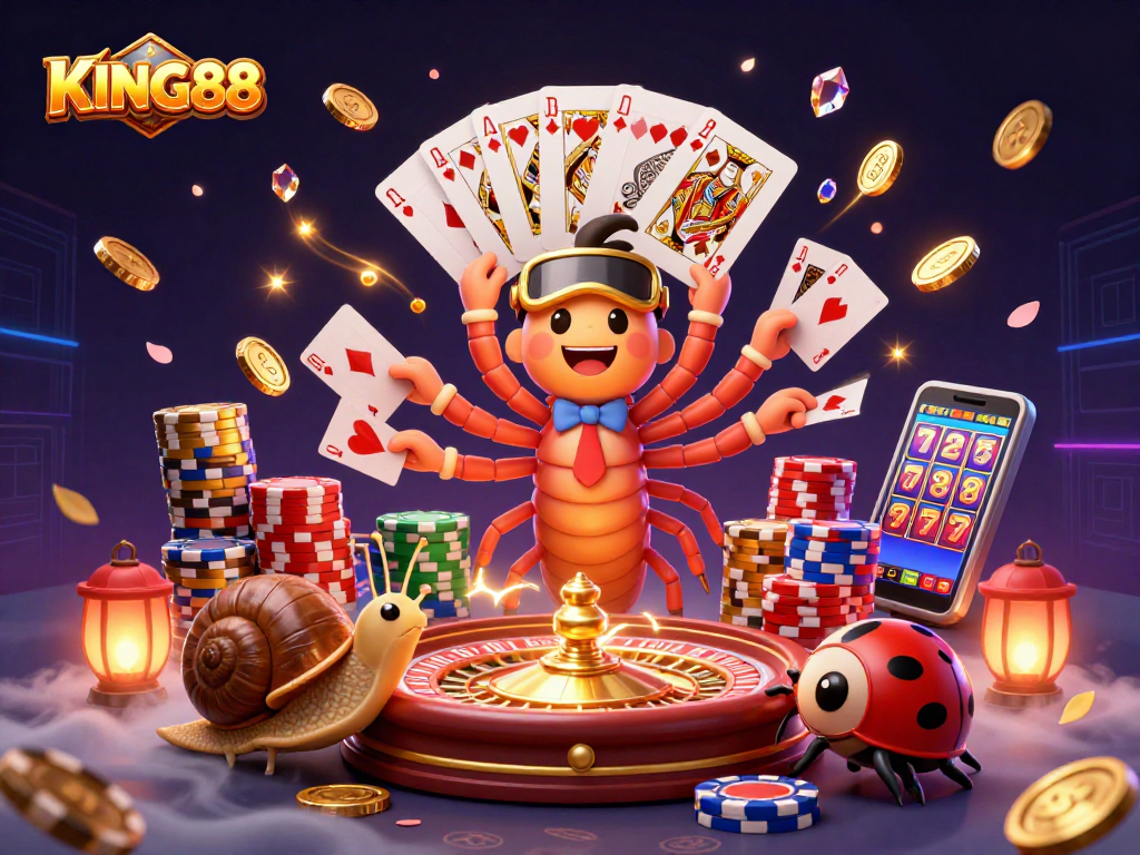 Engage with KING88's dazzling casino scene featuring 3D characters amid dynamic gaming action.