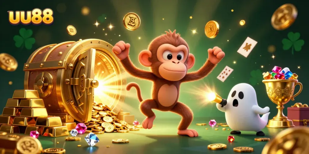 Experience the excitement of uu88 as a playful ghost-hunting puppy chases a mischievous monkey in a rich casino.