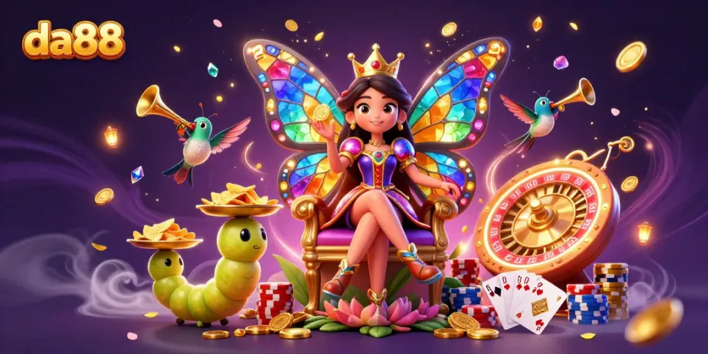 Experience the vibrant excitement at da88 with a butterfly queen and gaming elements in a dazzling casino scene.