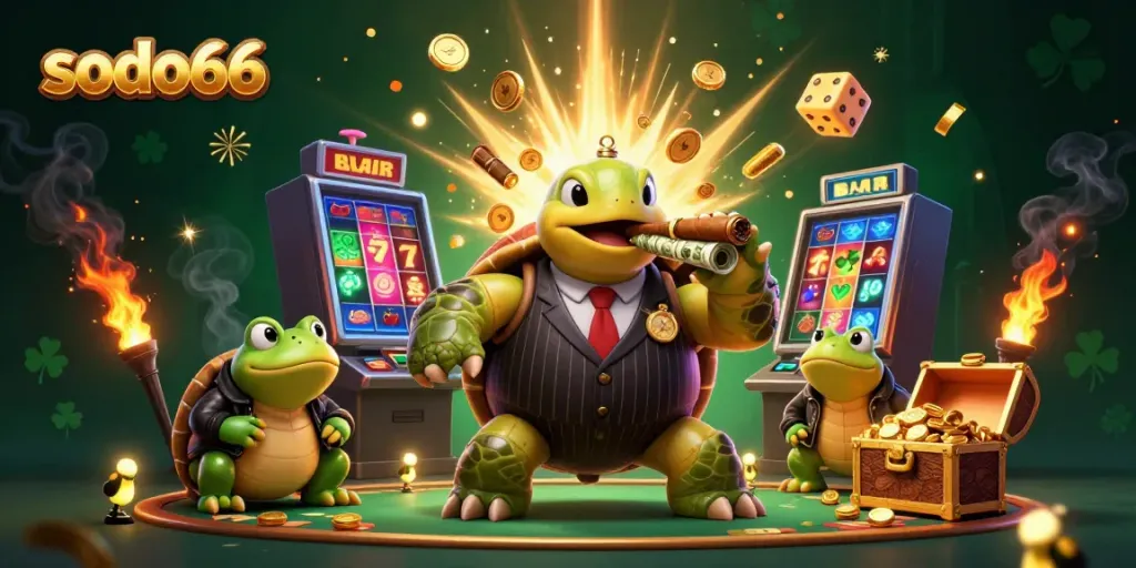 Sodo66 interactive casino scene featuring a mobster turtle, bullfrog enforcers, and a slot machine jackpot burst.
