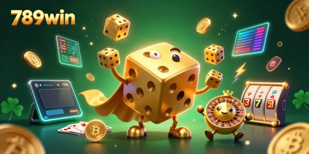 Spin the reels and win big with 789win's dazzling casino illustrations, featuring golden dice and blockchain elements.
